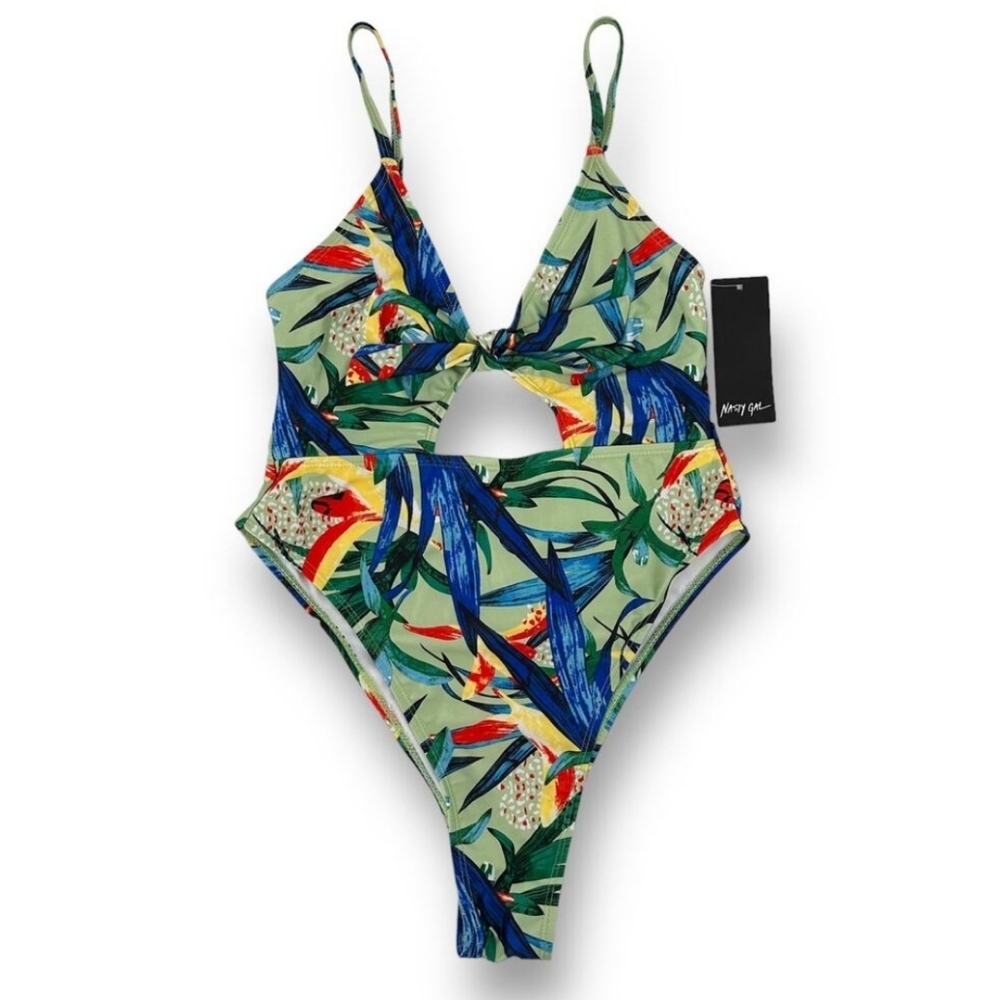 Nasty Gal Back To 1999 High Leg Leaf Print Swimsuit Womens Size 4